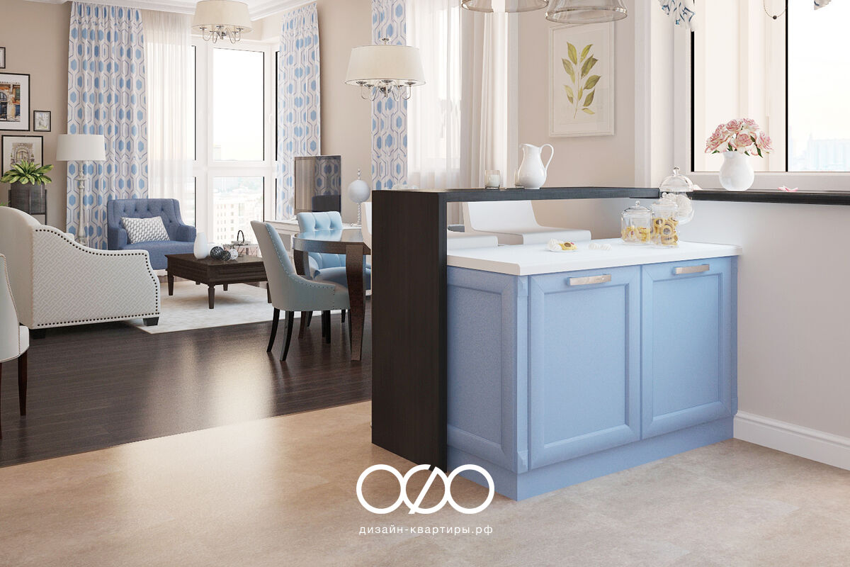 Дизайн-проект московской 3-комнатной функциональной квартиры в бежево-голубых тонах в в ЖК Кристалл