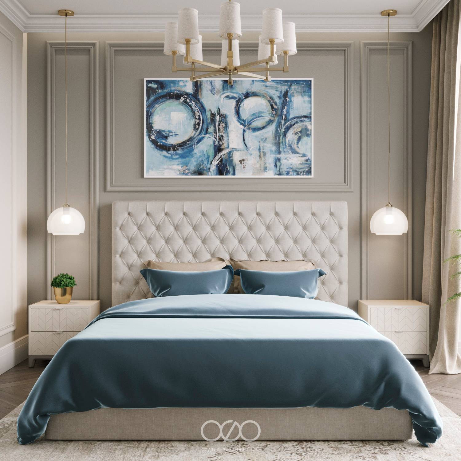 Дизайн серо-голубой спальни