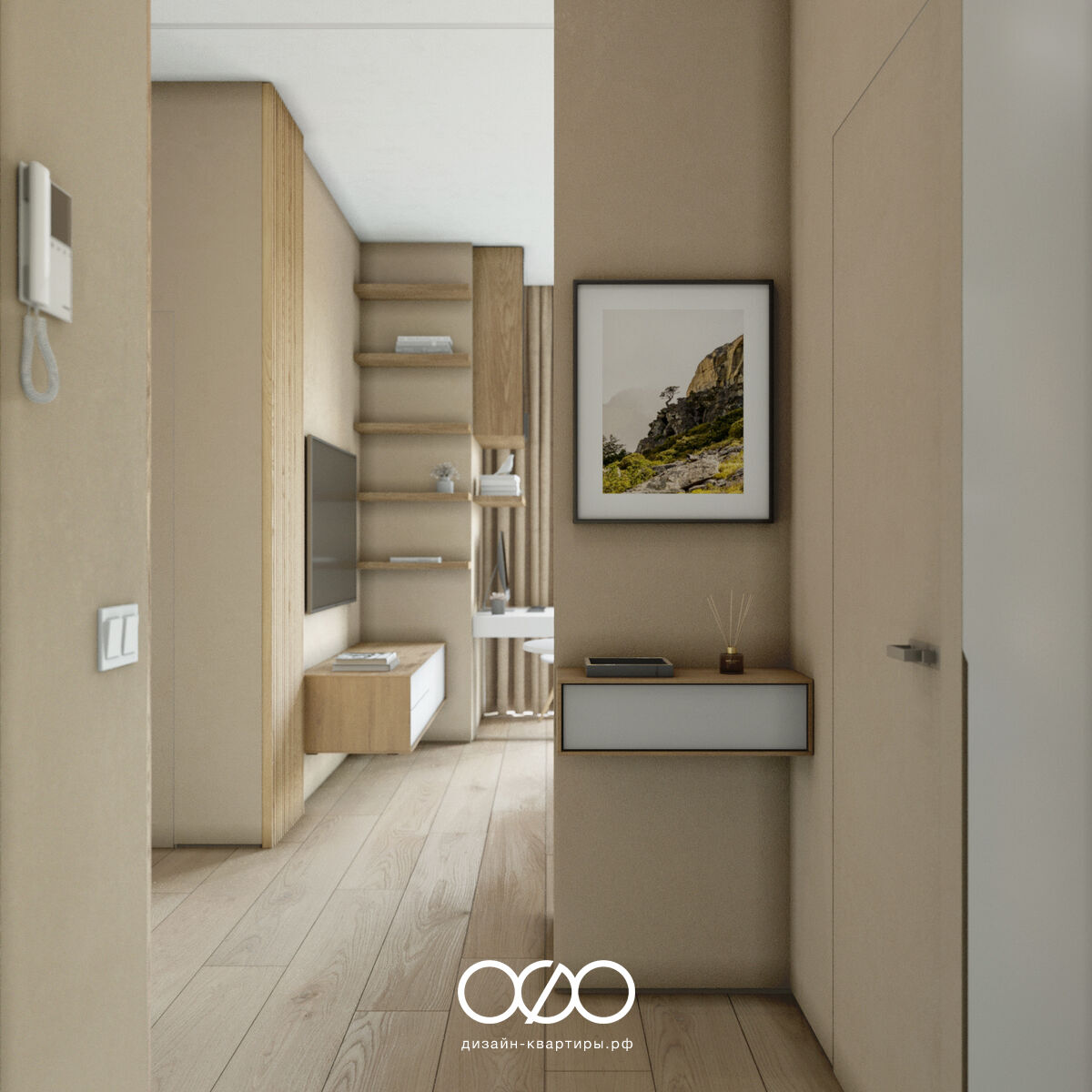 Светлая бежевая трёхкомнатная квартира в стиле минимализм в ЖК «Nagatino i-Land» в Москве.