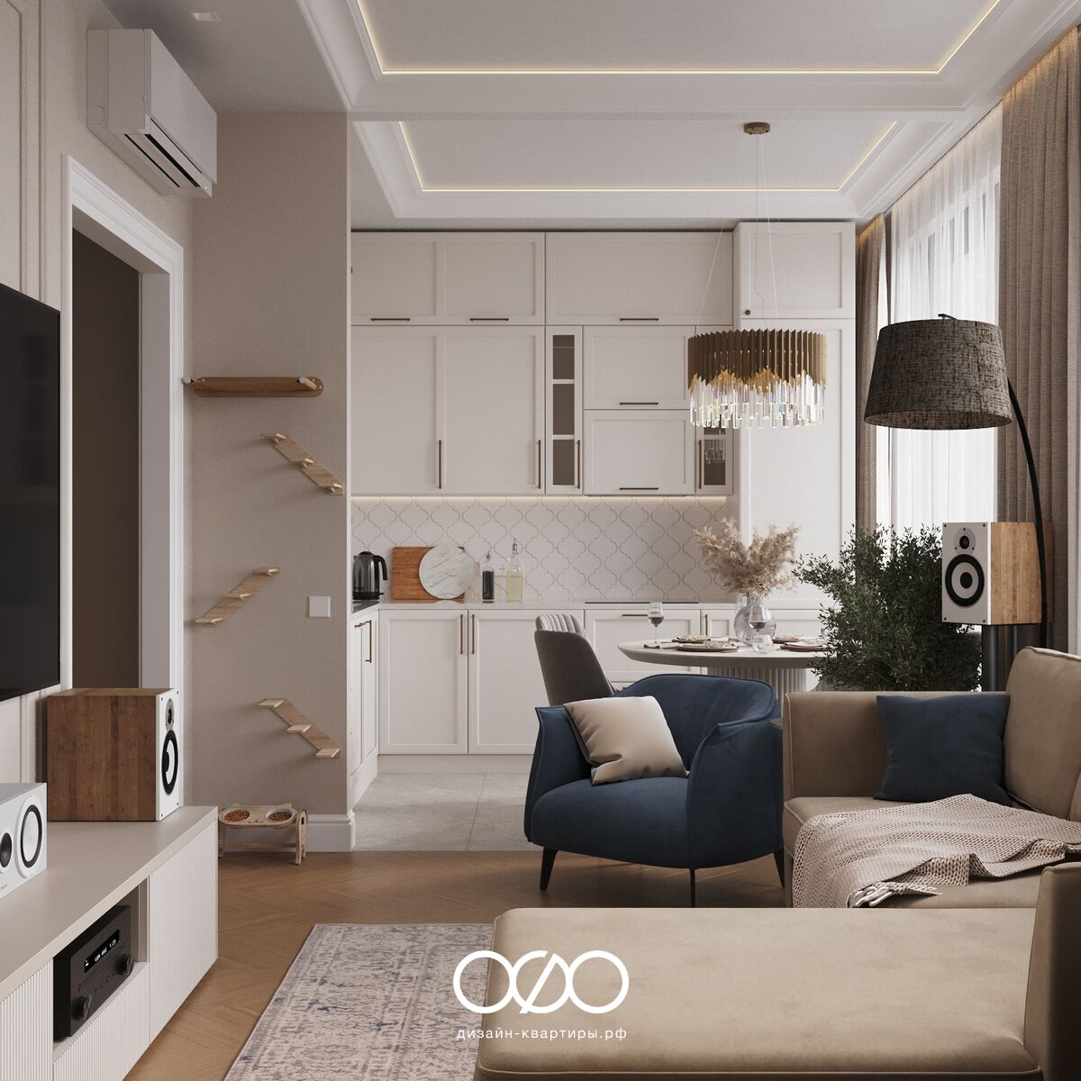 Дизайн 3-комнатной квартиры 74 м² в стиле классика, Москва, ЖК ILove