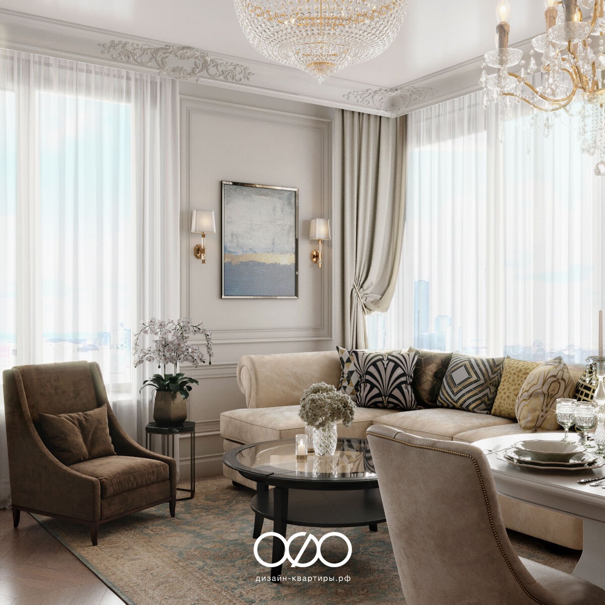 Дизайн 3-комнатной квартиры 90 м² в стиле классика, Москва, ЖК Остров