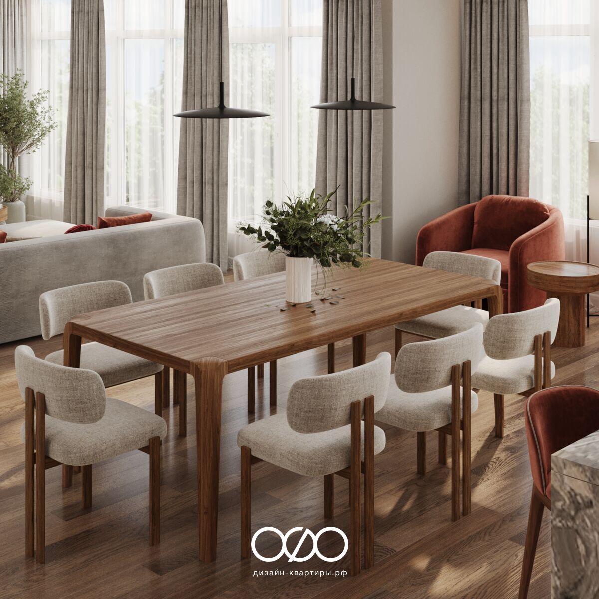 Дизайн гостиной со столом