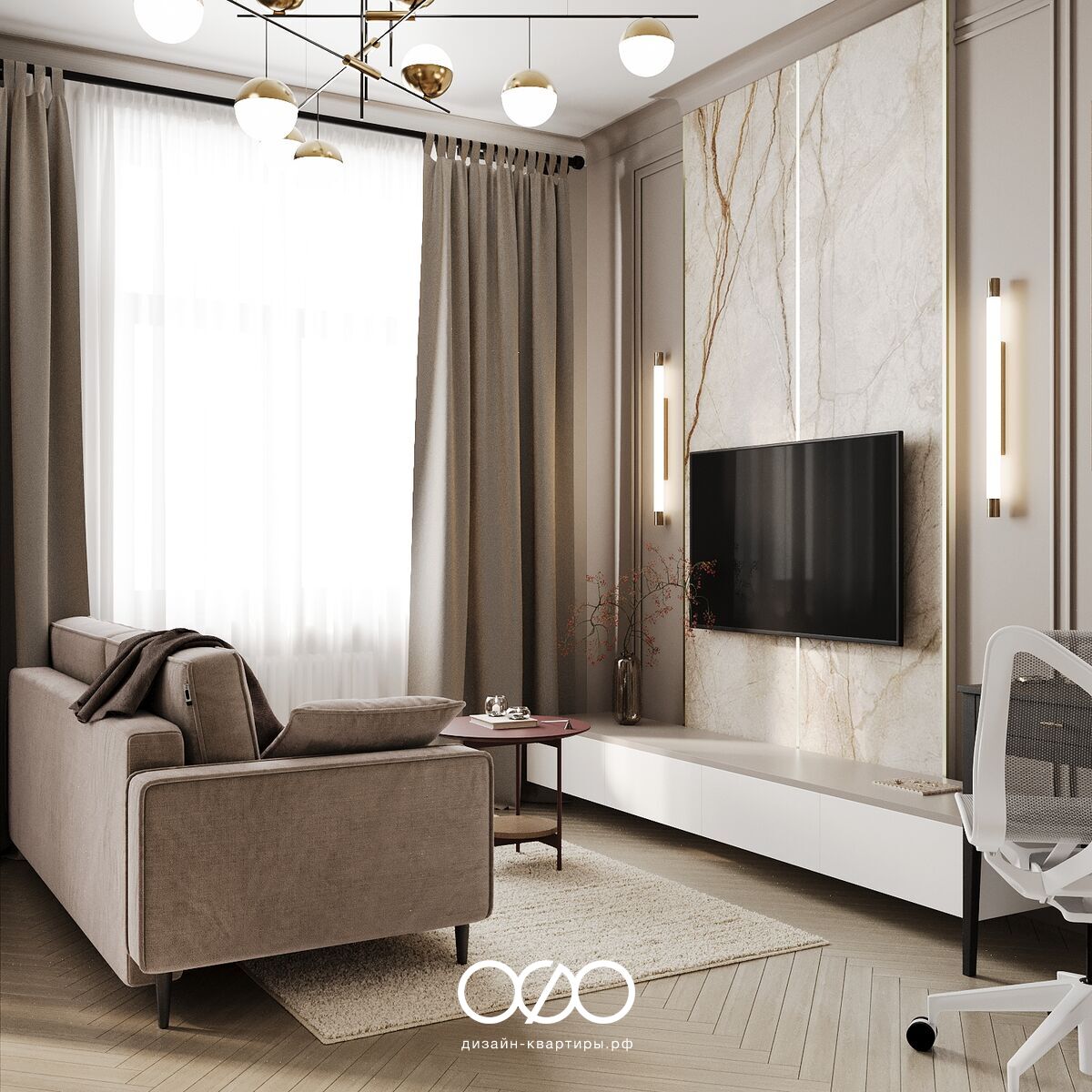 Дизайн современ&shy;ной гостиной 18 кв м