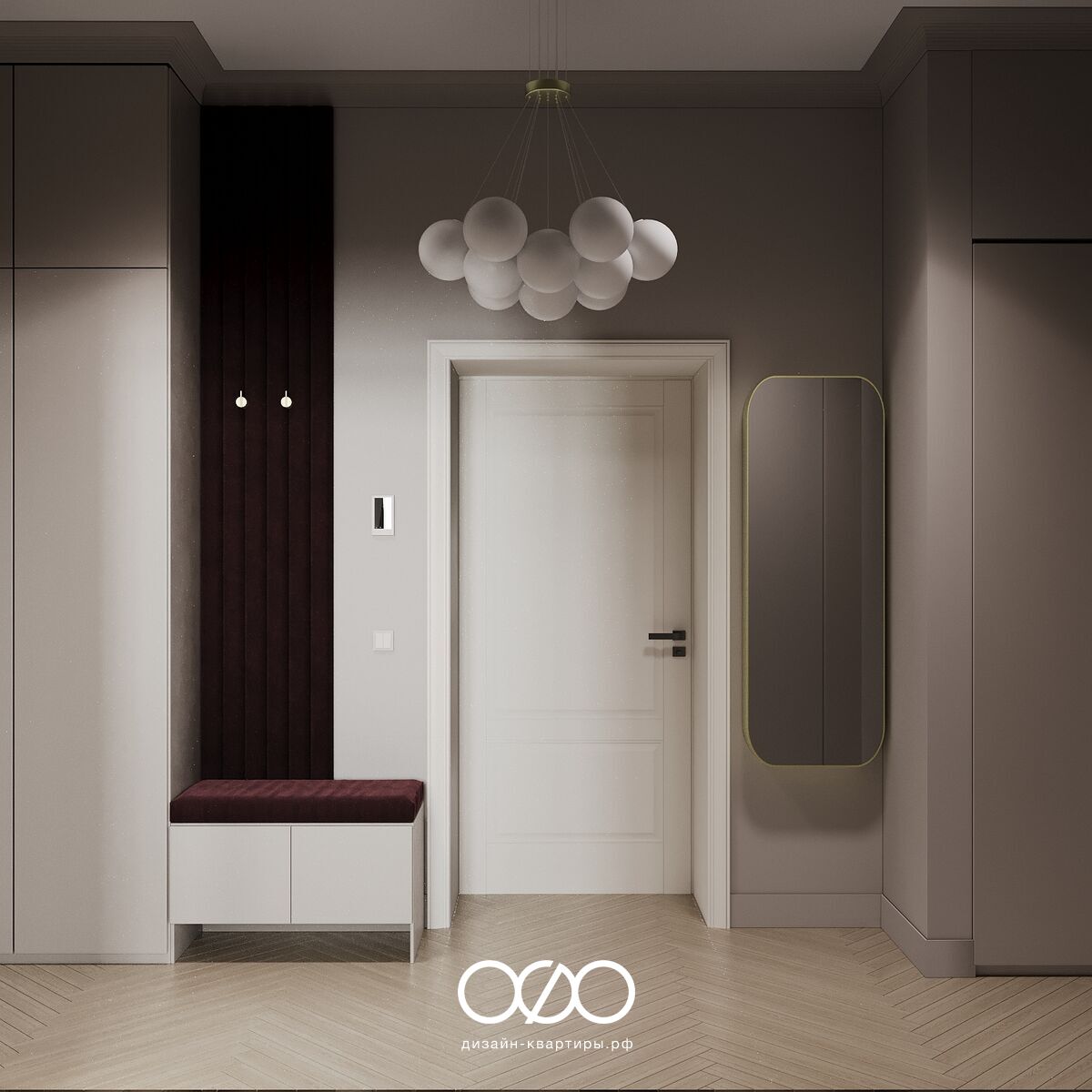 Дизайн-проект двушки в Хамовниках: светлые тона, винные детали, уютная атмосфера и продуманная планировка. Интерьер под ключ для молодой семьи.