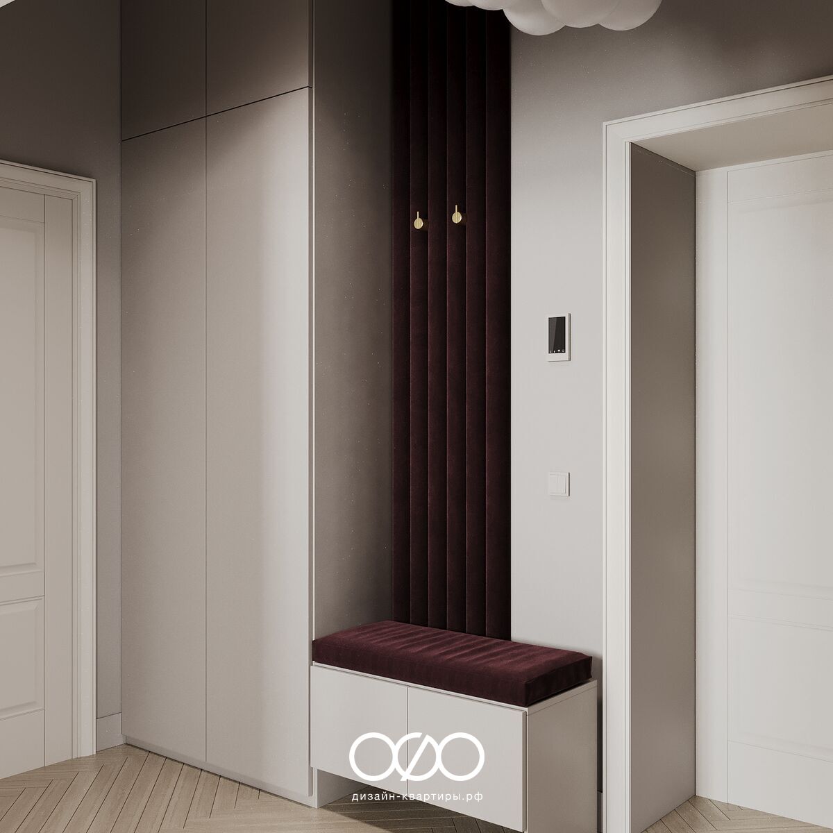 Дизайн-проект двушки в Хамовниках: светлые тона, винные детали, уютная атмосфера и продуманная планировка. Интерьер под ключ для молодой семьи.