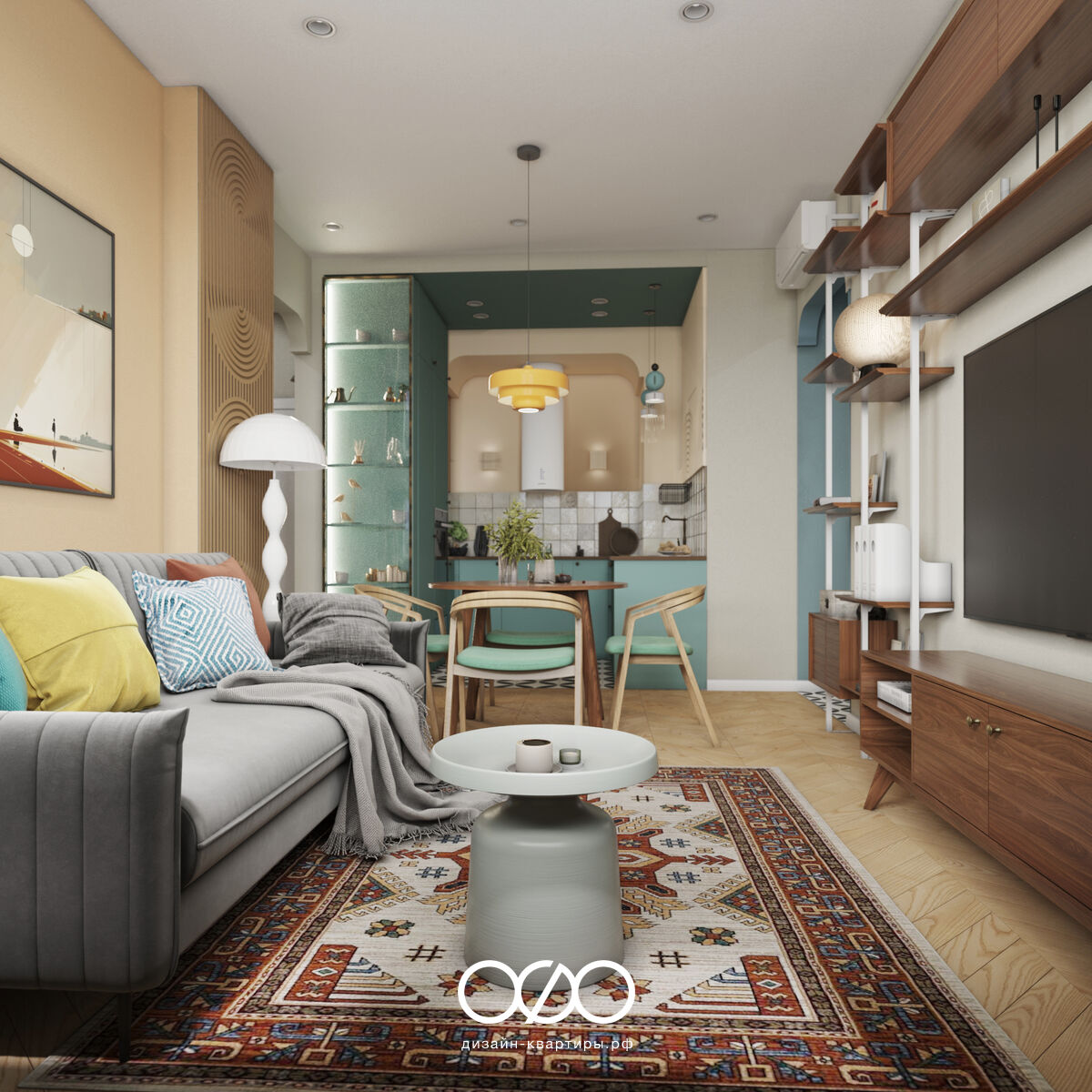 Дизайн квартиры 75 м² в Москве для семьи с ребёнком. Эклектика, яркость и комфорт под ключ. Интерьер, в который хочется возвращаться.