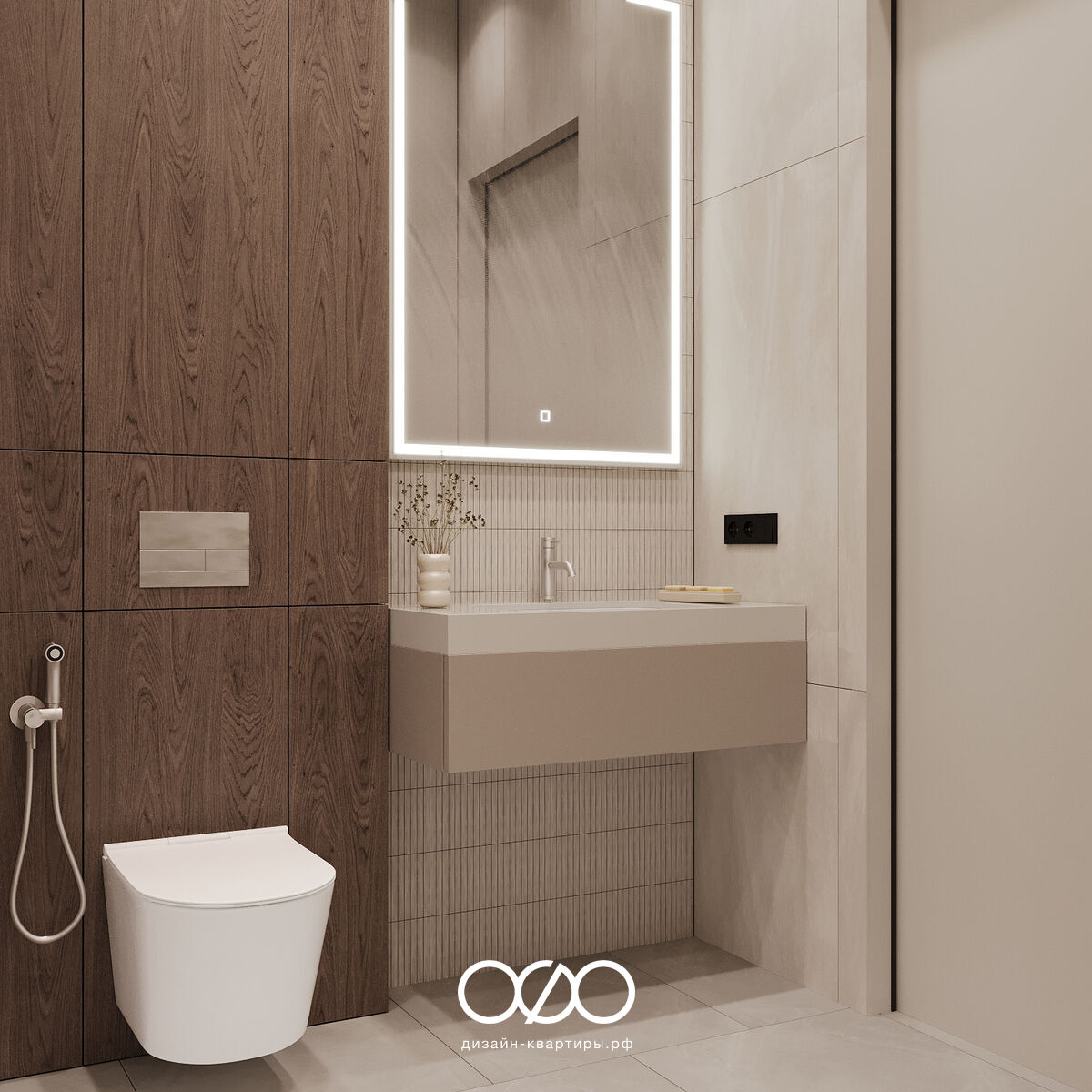 Дизайн двушки 61 м² в ЖК «Настоящее» в Москве. Интерьер в стиле минимализм: светлая кухня, уютная гостиная с рабочей зоной, спокойная спальня и тёплый санузел. Современное пространство для комфортной жизни без лишних деталей.