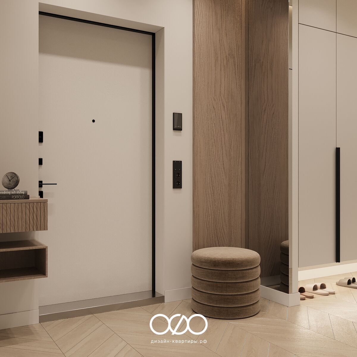 Дизайн двушки 61 м² в ЖК «Настоящее» в Москве. Интерьер в стиле минимализм: светлая кухня, уютная гостиная с рабочей зоной, спокойная спальня и тёплый санузел. Современное пространство для комфортной жизни без лишних деталей.