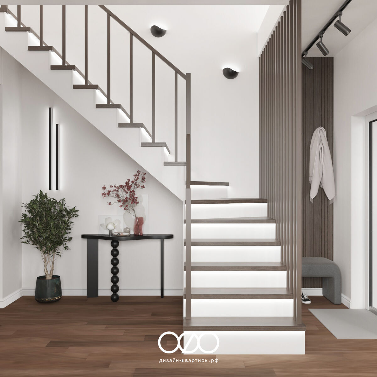 Дизайн двухуровневой квартиры 150 м² в Москве. Удобная планировка, лестница, яркие акценты и продуманный интерьер для семьи с детьми.